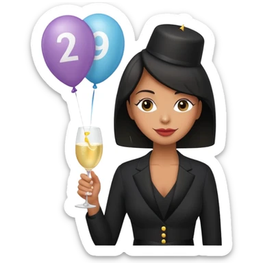 Emoji-style illustration of a funny woman in black funeral outfit holding a prosecco glass, balloon with number 29, ironic birthday funeral theme, playful expression, flat emoji design, pastel tones, high resolution sticker