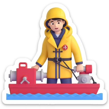 Close-up of sailor in raincoat operating winch to retrieve sediment samples from rough sea sticker