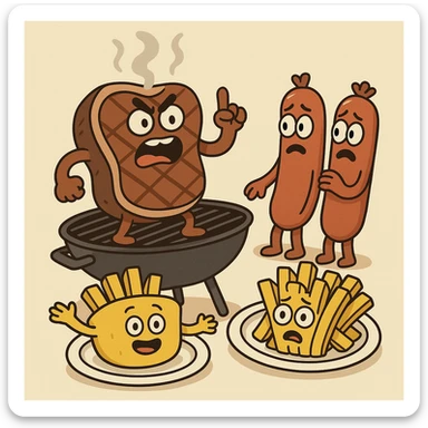 beef sirloin steak sausages on a bbq french fries potato plates   sticker