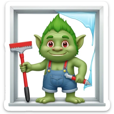 Troll wearing jorts cleaning a window using red squeegee sticker
