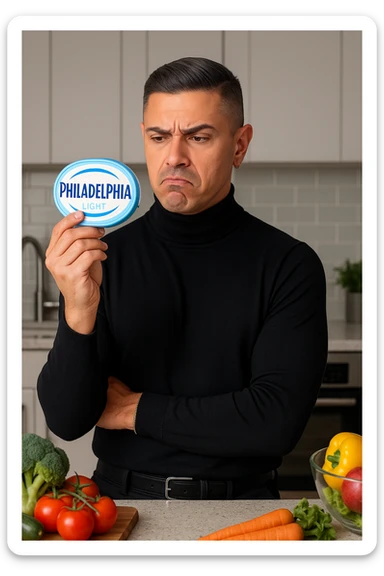a man stands in his kitchen, holding a tub of Philadelphia Light cream cheese in one hand. He looks at it with a skeptical, slightly disapproving expression, eyebrows furrowed and lips pursed. The background shows a modern kitchen with healthy food options visible on the counter, emphasizing his awareness of better choices. The mood is reflective and subtly critical. sticker