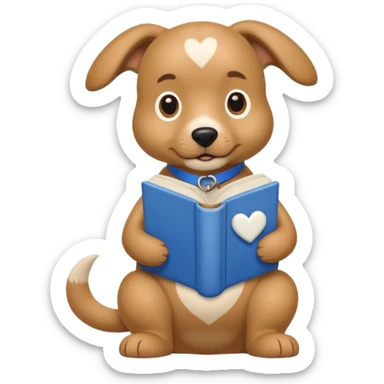 beige dog with a big white heart on its back reading a blue book sticker