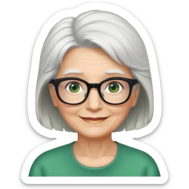 White hair grandma, green eyes, hair to shoulder, lokeg black glasses, rectangles face, smile , sticker