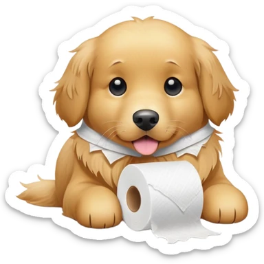 A sweet golden retriever with a roll of shredded toilet paper sticker