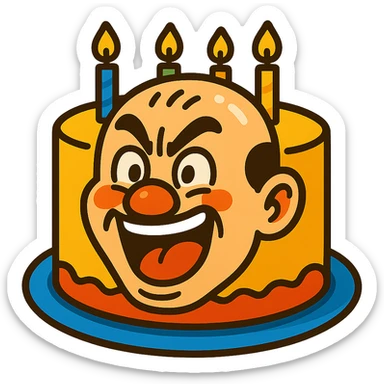 cartoon style cake shaped like the face of Bald Qiang with a vivid expression, bright colors, suitable for celebration sticker