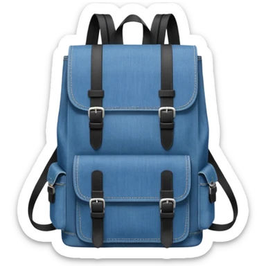 a blue denim backpack with a flap top, two vertical *black buckle straps* on the front. The backpack has two side pockets and a soft square shape. 

 sticker