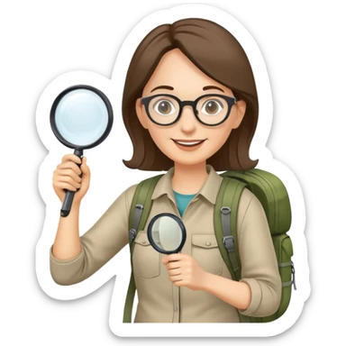 Happy woman hiker in her 40s with glasses and backpack, holding exactly one magnifying glass in one hand only sticker