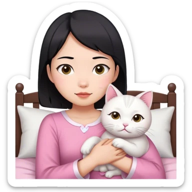 Short hair Asian girl wake up with white cat in pink dress  sticker