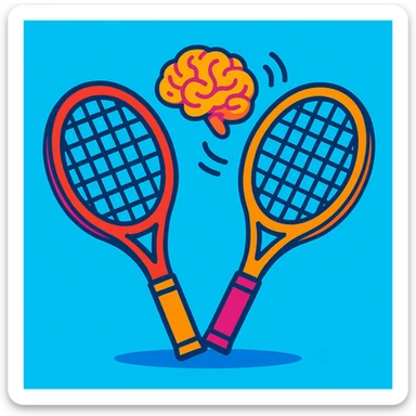 two tennis rackets facing each other with a brain emoji bouncing around between them, vibrant cartoon style, playful and colorful sticker
