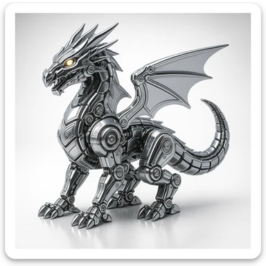 mechanical robotic dragon with chrome plating, glowing eyes, intricate gears and joints, dramatic 1:1 scene sticker