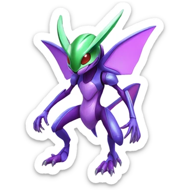a shiny purple Genesect-Flygon-Raptor-Fakémon—hybrid with a futuristic visor-helmet full body sticker