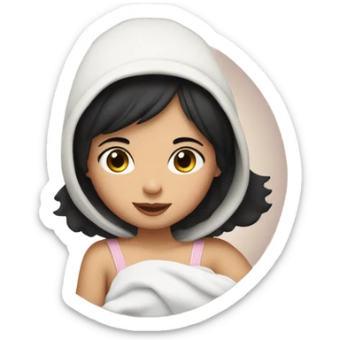 Girl with very short black hair, fair skin and brown eyes holding a baby sticker