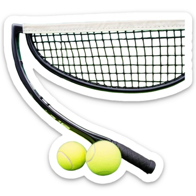 A tennis racket and ball positioned on a grass court, with the net and lines clearly visible in the background. The scene emphasizes the classic elements of the sport, capturing the energy and precision of a tennis match. sticker