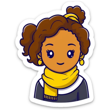 boho girl with brown skin, long curly brown hair tied high, lemon yellow scarf, round earrings sticker