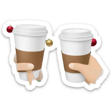 two hands holding paper coffee cups on a photo of a Christmas tree sticker