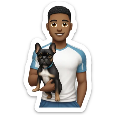 athletic light skin male with short black fade hairstyle holding a french bulldog sticker