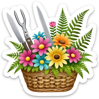 Icon for Floristry: a woven basket with flowers, reeds, ferns, bright ribbons and a small plush toy. Add big garden scissors and knife above. The icon should represent creativity in flower arrangement and decorative design. Transparent background. sticker