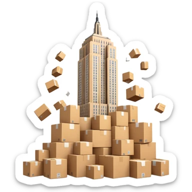 Empire State Building with plain boxes tumbling down, dynamic, fun sticker