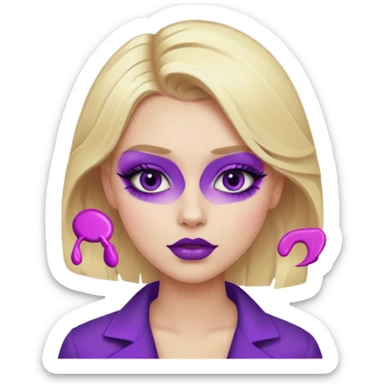 A blonde girl wearing a purple makeup sticker