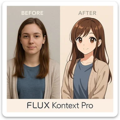create before after image of a girl before is realsitic photo, after is anime version of her in same pose and clothes, add logo with text of a "FLUX Kontext Pro" sticker