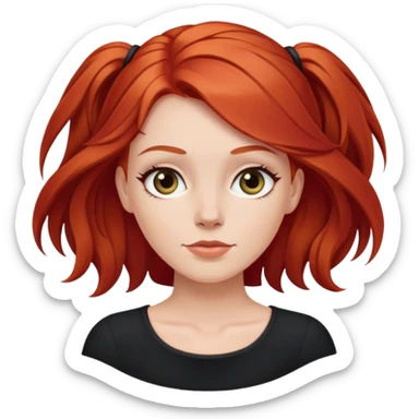 White girl with medium length red hair no bangs, wearing black sticker