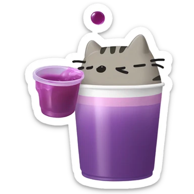 Pusheen drinking purple syrup from styfoam double cup sticker