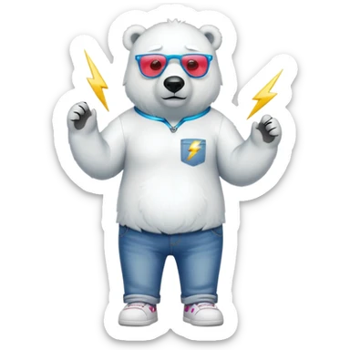 friendly anthropomorphised polar bear standing upright, looking chilled and unbothered, wearing a shirt, jeans, trainers, and lightning bolt-shaped colorful glasses sticker