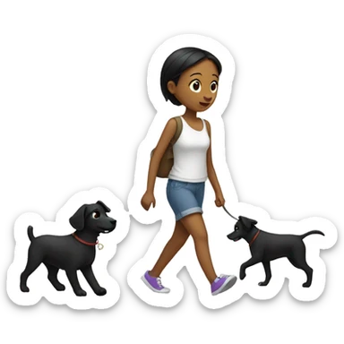 Girl walk with a black dog with white Chest sticker