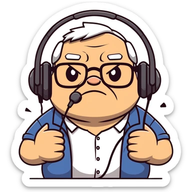 Brown old man with medium white hair, wearing glasses and headphones, looking surprised and angry, no facial hair, chubby, looking to the upper left corner sticker