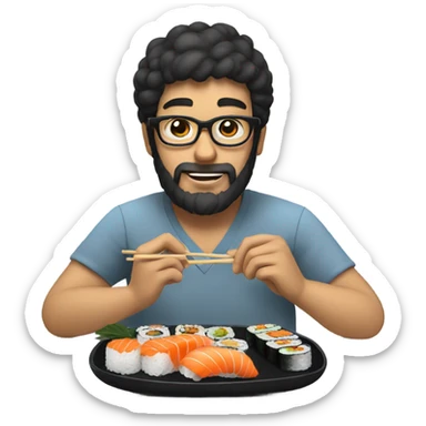 Guy wih beard and blak hear and glasses eating sushi  sticker