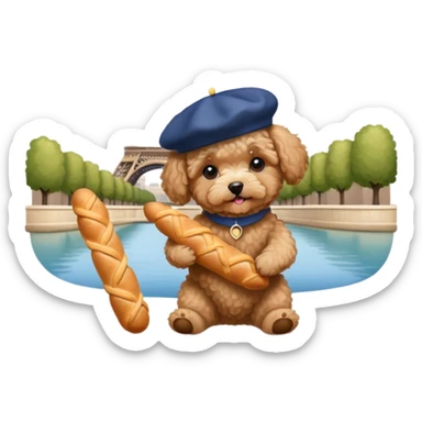 Tan maltipoo wearing a beret in Paris holding a baguette by the Eiffel Tower  sticker