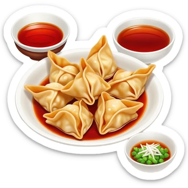 Chengdu Long Chaoshou wonton with red oil sauce on top, simplified emoji style with bold outlines and bright colors, cartoon style Sichuan style wontons sticker