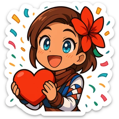 Azucena from Tekken 8 in chibi sticker style, excited with confetti in a celebration pose, designed for Twitch emote use. sticker