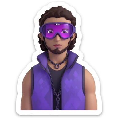 close-up of bad guy male athlete with white skin and moderately curly dark brown hair on top with shaved sides, wearing ski goggles with purple frames and very dark black lenses, a simple plain black chain necklace, and a completely unzipped sleeveless vest with purple and black sequin fire pattern design with no logo, with an extremely arrogant sneer on his face, looking menacing and villainous, exuding overconfidence and a threatening aura sticker