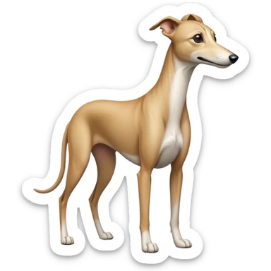 cinematic-[fawn greyhound]-realistic-full-body-standing-emoji,-tail-resting-loosely-beside-its-paws,-head-tilted-dramatically, -sleek-[light fawn]-fur,-simplified-yet-realistic-focused-features,-highly-detailed,-glowing-with-an-almost-sarcastic-glow sticker
