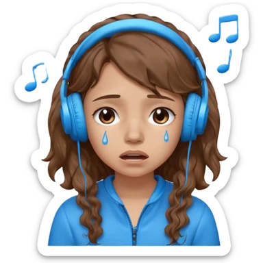 A crying girl with wavy hair listening to music with blue headphones sticker