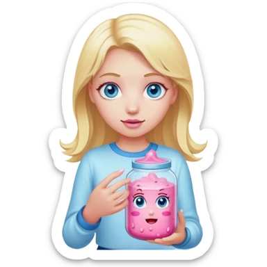 Blonde girl with blue eyes holding jar of pink slime sticker