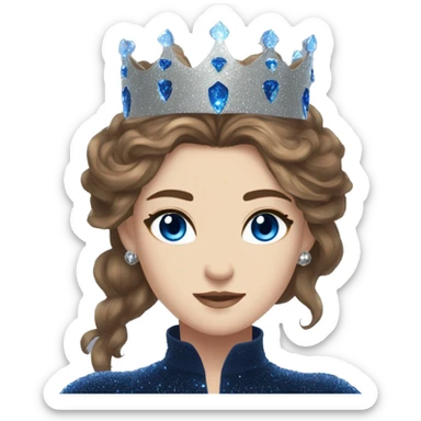 Feyre has brown hair with bright blue eyes and a silver crown on top of her head. She wears a dark blue glitter dress  sticker