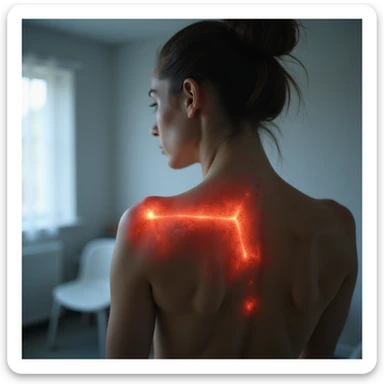 hyperrealistic 4K image of a woman seen from behind with inflamed shoulder blades, red skin above and between the shoulder blades, clinical environment, variant 7 with slightly changed arm and shoulder position sticker