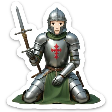 A lone medieval knight in a green worn armor kneels. His helmet is closed, hiding his face, conveying silence, exhaustion and contemplation. A long sword is planted in the ground beside him, its hilt resting near his gloved hands as if he is praying or resting after battle. sticker