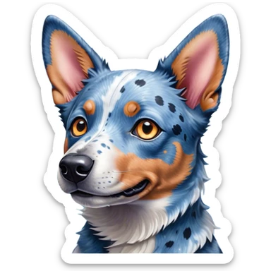 Cinematic Cute Blue Speckle Australian Cattle Dog Portrait Emoji, Head tilted playfully and inquisitively, featuring a vibrant blue speckle Fur with dynamic patterns, round, sparkling blue eyes filled with curiosity, Simplified yet irresistibly adorable features, highly detailed, glowing with a warm, friendly glow, high shine, affectionate and energetic, stylized with a touch of whimsy, bright and endearing, soft glowing outline, capturing the essence of a mischievous yet loving pup, so playful it feels like it could bound out of the screen and into your arms! sticker