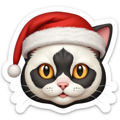white and black cat face wearing a santa hat sticker