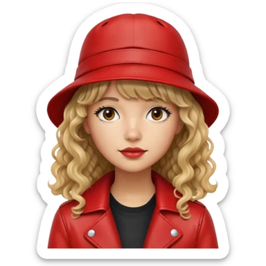 Young woman, long curly/wavy hair with fringe, red leather jacket, black bucket hat, tan skin tone  sticker