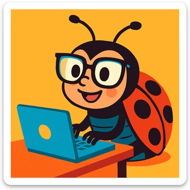 a nerdy ladybug with glasses typing on a laptop, cartoon style, vibrant toon, colorful, playful, cheerful sticker
