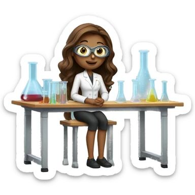 Woman with straight long brown hair wearing small clear goggles in a lab class with a traditional bench and beakers  sticker