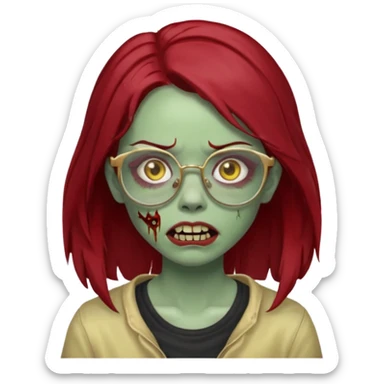 A zombie girl with dark red mid length  hair with golden grills and glasses sticker