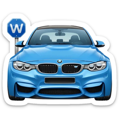 Make me an emoji with a blue bmw M3 and a street sign with W LZR on it sticker