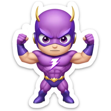 cute purple insect superhero with determined confident eyes, bulging biceps and muscles, electric lightning extending from arms, and a cool smirking expression sticker