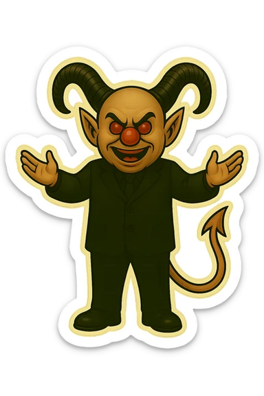 Evil clown wizard in retro sticker style, transparent background, arms outstretched as if welcoming, wearing an all black suit, no pentagrams. Use the reference images for face, horns, and tail. sticker