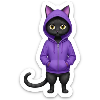 Black cat wearing a violet hoodie fursona (full body) sticker
